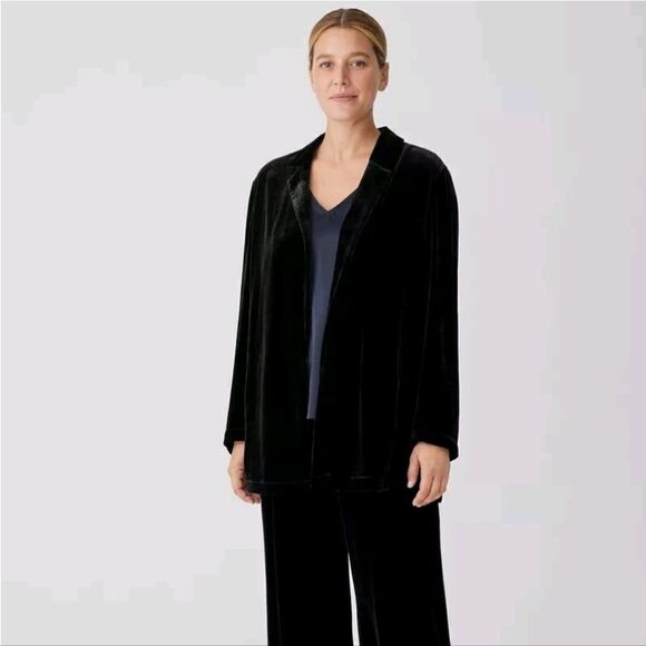 Eileen Fisher Notch Collar Open Front elvet Jacket/ Cardigan in Black - Picture 10 of 10